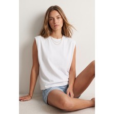 elemge %100 Pamuk Süprem Tok Kumaş Kadın Oversize Beyaz T-Shirt Geniş Omuzlu Dökümlü Kolsuz Bol Kalıp Compact Penye