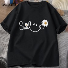 Tarzsokak Papatya Gülümseme Yüz T Shirt Yaz Çiçek Baskılı Tişört Kadın Erkek Pamuk Kısa Kollu Tshirt Bo 3051