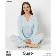 Sude Bayan Alaçatı Düğmeli Yarımkol Pijama Takımı-Mavi-XL