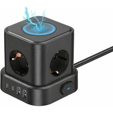 Esranın Dünyası 4'lü Küp Priz Çoklayıcı, 2 USB + 2 Type-C, 5W Kablosuz Şarj, 2 Metre Kablolu, Aç/kapa Anahtarlı, Ev Ofis Masaüstü Kullanıma Uygun Çoklu Priz