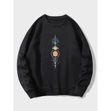 Tarzsokak Siyah Oversize Gezegenler Baskılı 0 Yaka Kapşonsuz Pamuklu Kadın Sweatshirt