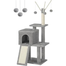 Feandrea PCT143W01 Kedi Ağacı, Tırmalama Tahtalı, 3 Çıkarılabilir Ponpon Çubuğu, 118 Cm, Açık Gri
