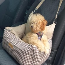 Esranın Dünyası Bej Kazayağı Desenli 3 Fonksiyonlu Köpek Koltuk Yatağı ve Taşıma Çantası