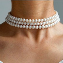 Taşmir Sertifikalı Doğal Inci 3'lü Sıra Kadın Choker Kolye - Paslanmaz Çelik Klipsli
