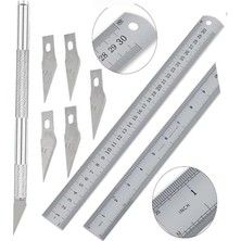 Esranın Dünyası Çelik Cetvel 30 cm ve Kretuar Bıçağı 5 Yedek Bıcaklı 1 Adet Paslanmaz Çelik Metal Çetvel 30 Santimetre