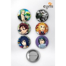 Eymi Design Anime Efsanevi Kılıç Ustaları Zoro Levi Rengoku Giyu Çanta Süsü Rozet Iğneli Buton Rozet Seti 58 mm (6'lı)