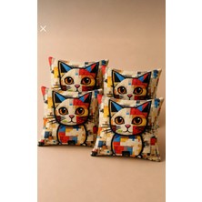 Renkli Kedi Desenli Dekoratif Koltuk Salon Kırlent Kılıfı 43X43 cm 4’lü Set