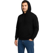 Zamerya Erkek 3 Iplik Pamuklu Kapüşonlu Kanguru Cepli Sweatshirt Hoodie - Siyah
