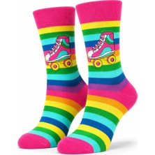 TeOra Store Gökkuşağı Çizgili Retro Paten Desenli Soket Çorap Pamuklu Dikişsiz Burun 36-41 Numara Uzun Konç