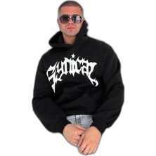 Zamerya Erkek 3 Iplik Pamuklu Kapüşonlu Baskılı Cepli Oversize Sweatshirt Hoodie - Siyah