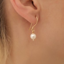 Nox Jewelry 14 Ayar Altın Kaplama 925 Ayar Gümüş 8 mm Yuvarlak İnci Sallantılı Kadın Küpe-EP00129