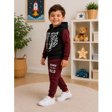 Serpil Erkek Çocuk Kaplan Baskılı 3’lü Eşofman Takımı Bordo Sweatshirt Pantolon Siyah Kapüşonlu Yelek