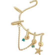 Lovecharm Gold Renk Deniz Yıldızı ve Turkuaz Taş Detaylı Zincirli Kulak Earcuff