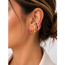Lovecharm Gold Renk Renkli Taş Detaylı Çoklu Halka Cuff Küpe