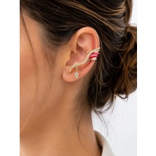 Lovecharm Gold Renk Pembe Kırmızı Taş Detaylı Kristal Taşlı Şık Kulak Manşeti