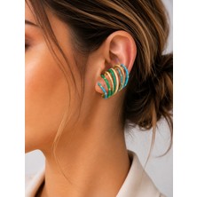 Poseidons Jewellery Gold Renk Yeşil & Turkuaz Taşlı Çoklu Halka Cuff Küpe