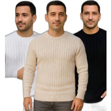 YM PAZARLAMA Erkek Fitilli Triko Kazak 3’lü Set Bej Beyaz Siyah | Kalın Dokuma Pamuklu Regular Fit