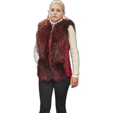 YM PAZARLAMA Kadın Premium Doğal Kürk Kolsuz Fermuarlı Yelek - Kırmızı