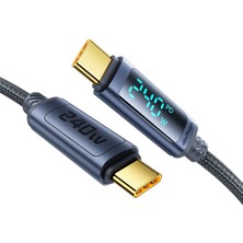 Voultage 240W Type-C To Type-C Dijital Ekranlı Hızlı Şarj Kablosu 1m, Örgülü Akıllı Göstergeli Pd 3.1 480MBPS Data ve Veri Transfer Kablosu, Macbook, iPhone 15/16, Android ile Uyumlu - Siyah