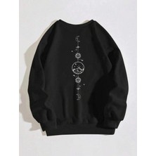 Tarzsokak Unisex Ay Güneş Dünya Sırt Baskılı Sweatshirt Siyah