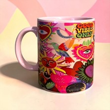 Aion Aıon Renkli Desenli Pembe Seramik Kupa Bardak - Kahve ve Çay Kupası 300ML