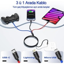 Belirtilmemiş Hızlı Şarj ve Data Aktarım Kablosu, 60W - 3A USB A, Type C (Usb C), Micro Usb, Lightning Uyumlu 3 Ü 1 Arada Çoklu Kablo