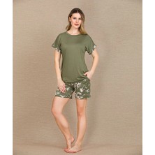 Liyuza Şık Tasarım Çiçek Desenli Yeşil Şortlu Kısa Kol Viskon Pijama Takımı