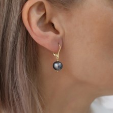 Nox Jewelry 14 Ayar Altın Kaplama Tavus Kuşu Tonlu Siyah Tatlı Su İncili Sallantılı Kadın Gümüş Küpe