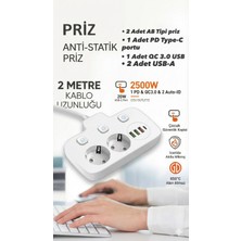Nurton Akım Korumalı 2500W Güçlü 3 USB + Type-C Portlu Çoklu Priz | Hızlı Şarj, Çocuk Kilidi, 2 Metre