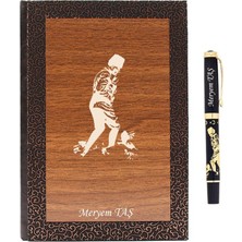 Hediye Rengi Isme Özel Lux Ahşap Defter ve Roller Kalem Seti - Atatürk Silüeti