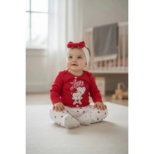 Erca Home Tekstil Ürünleri %100 Pamuklu 3 Parçadan Oluşan Bandanalı  Kız Kırmızı Desenli  Body Takım  6/9 Ay
