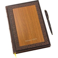 Hediye Rengi Isme Özel Deri Işlemeli Ahşap Büyük Boy Defter ve Kalem Seti