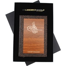 Hediye Rengi Isme Özel Lux Ahşap Defter ve Roller Kalem Seti Tasarım Kutulu - Osmanlı Arması