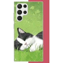 Aksesuarist Samsung Galaxy S22 Ultra Uyumlu Uyuyan Kedi Baskılı Silikon Kılıf