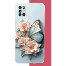 Aksesuarist Samsung Galaxy A21S Uyumlu Mavi Kanatlı Kelebek Baskılı Silikon Kılıf