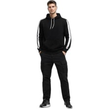 Zamerya Erkek Şeritli Kapüşonlu Sweatshirt Oversize 3 Iplik Pamuklu Hoodie - Siyah