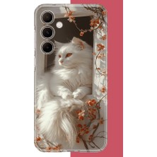 Aksesuarist Samsung Galaxy A55 Uyumlu Penceredeki Beyaz Kedi Baskılı Silikon Kılıf
