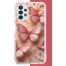 Aksesuarist Samsung Galaxy A13 Uyumlu Pembe Taşlı Kelebek Baskılı Silikon Kılıf