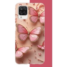 Aksesuarist Samsung Galaxy A12-M12 Uyumlu Pembe Taşlı Kelebek Baskılı Silikon Kılıf