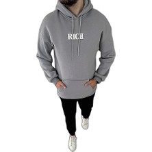 Zamerya Erkek 3 Iplik Pamuklu Kapüşonlu Kanguru Cepli Baskılı Oversize Hoodie Sweatshirt - Gri