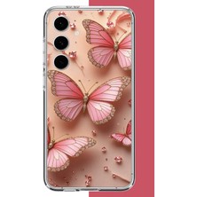 Aksesuarist Samsung Galaxy S24 Fe Uyumlu Pembe Taşlı Kelebek Baskılı Silikon Kılıf