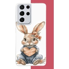 Aksesuarist Samsung Galaxy S21 Ultra Uyumlu Çiçek Tokalı Tavşan Baskılı Silikon Kılıf