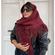 Blotch Bordo Püsküllü Cool Tarz ve Şık Stil ve Moda Ikonu Üçgen Triko Omuz Şalı 160*50 cm