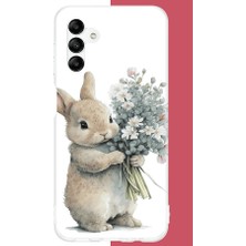 Aksesuarist Samsung Galaxy A04S Uyumlu Çiçek Tutan Tavşan.jpeg Baskılı Silikon Kılıf