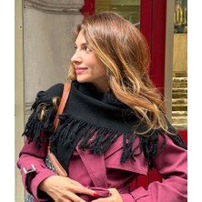 Blotch Siyah Püsküllü Cool Tarz ve Şık Stil ve Moda Ikonu Üçgen Triko Omuz Şalı 160*50 cm
