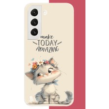 Aksesuarist Samsung Galaxy S22 Uyumlu Çiçek Taçlı Kedi Baskılı Silikon Kılıf