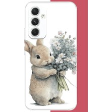Aksesuarist Samsung Galaxy A54 Uyumlu Çiçek Tutan Tavşan.jpeg Baskılı Silikon Kılıf