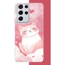 Aksesuarist Samsung Galaxy S21 Ultra Uyumlu Pembe Kedi Baskılı Silikon Kılıf