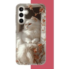 Aksesuarist Samsung Galaxy A35 Uyumlu Penceredeki Beyaz Kedi Baskılı Silikon Kılıf