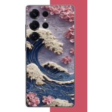 Aksesuarist Samsung Galaxy S25 Ultra Uyumlu Mavi Dalga ve Pembe Çiçekler Baskılı Silikon Kılıf